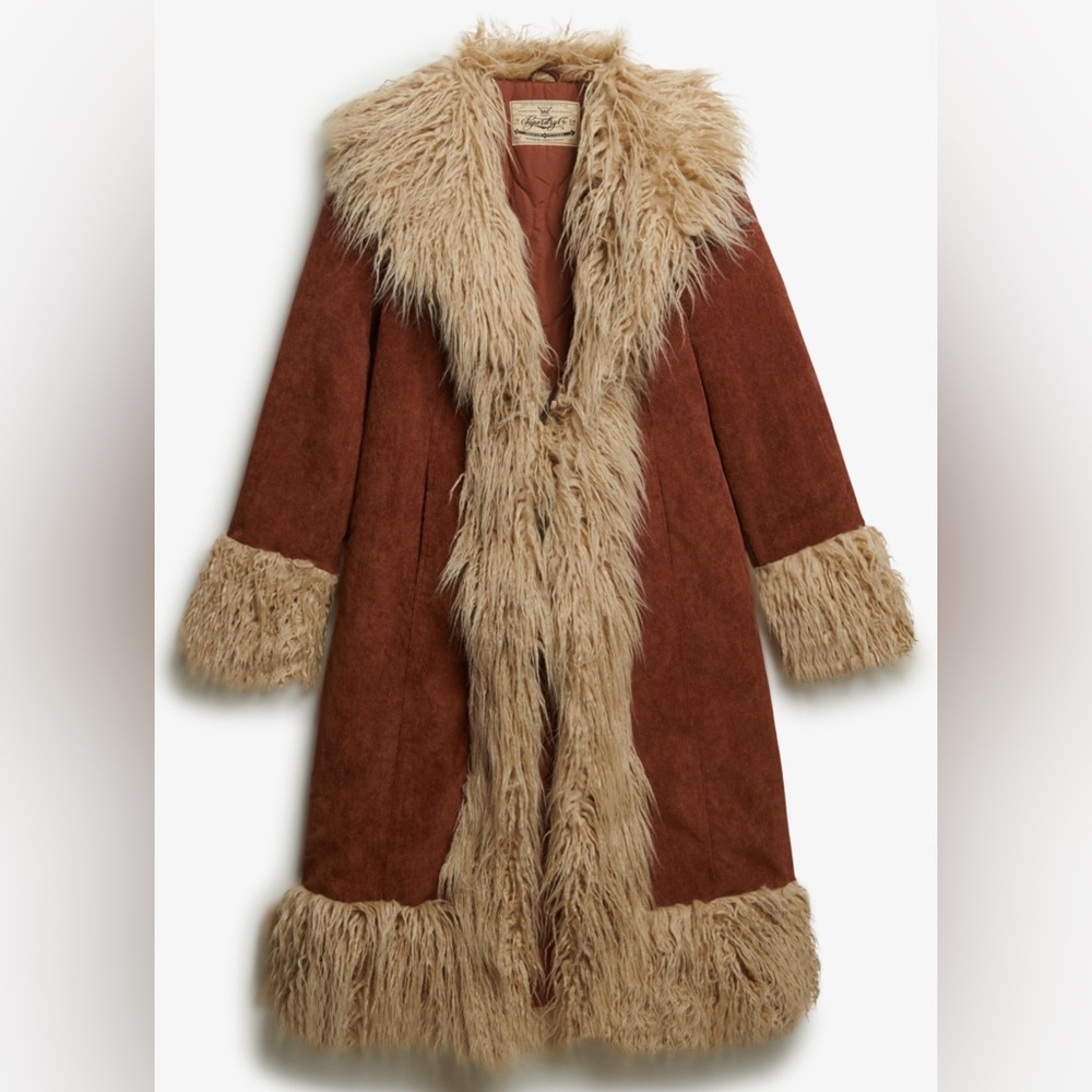 Superdry NWT Size Large Afghan Coat w/ Cream Faux Fur Trim